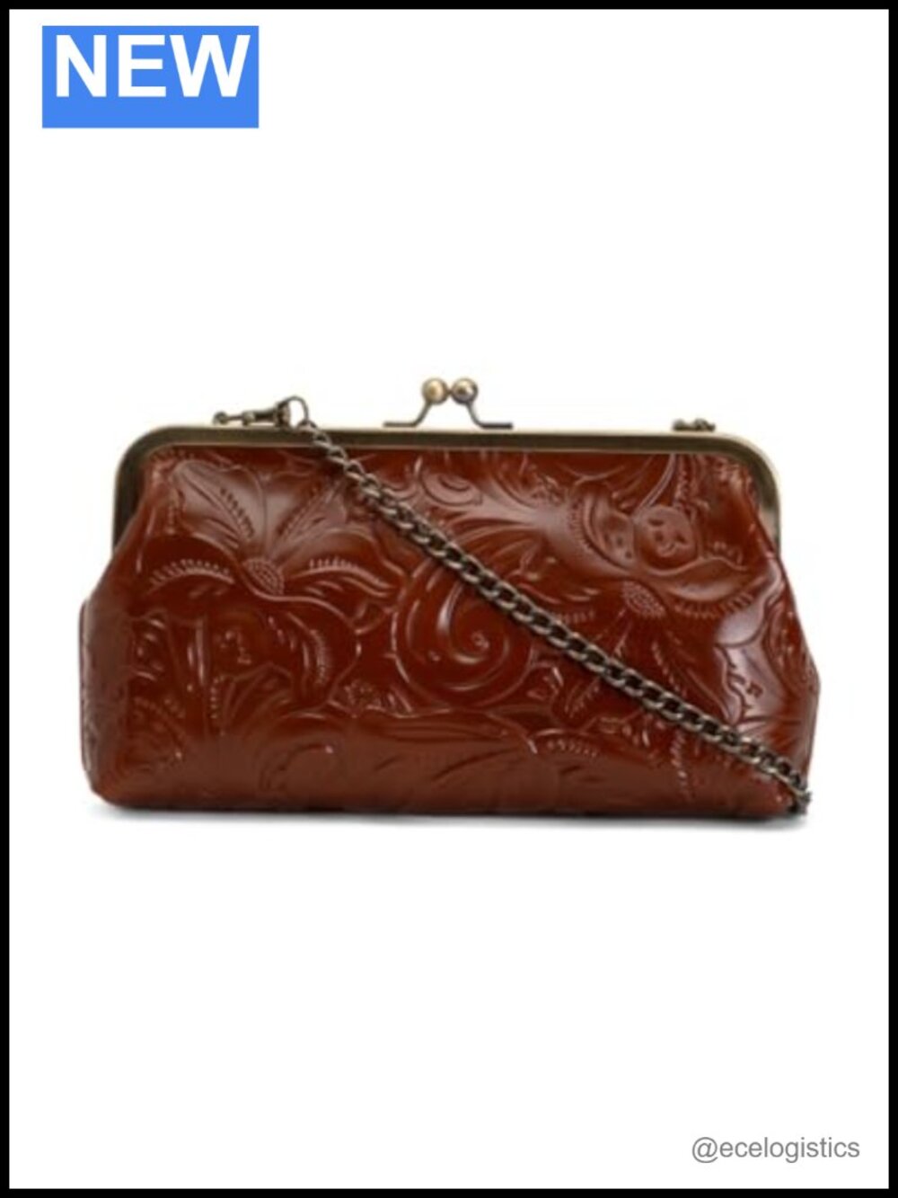 Vintage Frame Clutch Handbag for Women, Leather, Floral Embossed, with Chain